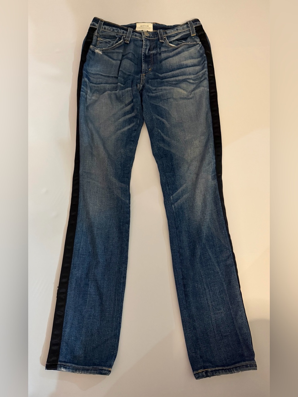 McGuire Denim Tuxedo Stripe Jeans 26 Black Satin Side Stripe Made USA